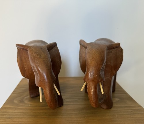 Pair wooden carved elephant - of,